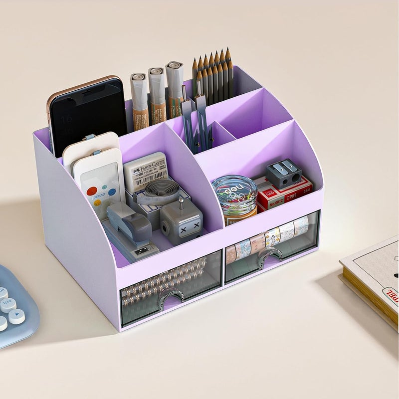 COMFYROOM Desk Organizer with 6 Compartments and 2 Drawers, Plastic Makeup Organizer, Pen Holder for Desktop Storage, Desk Organization for School, Home, Office Supplies (Purple) - Image 2